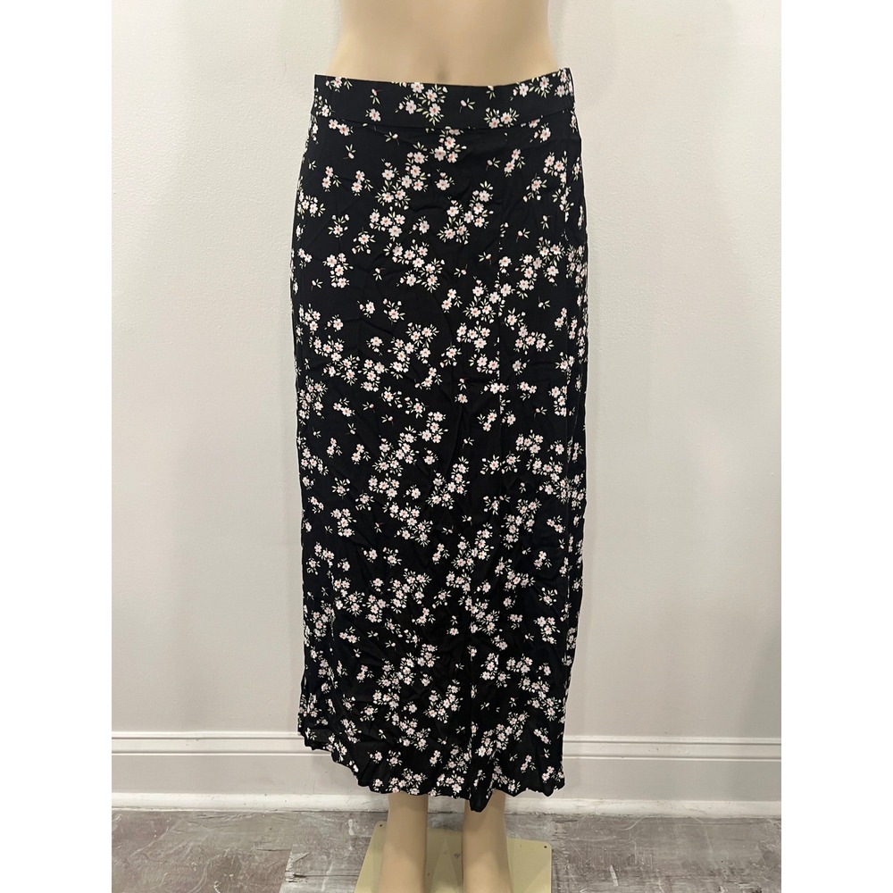 Elodie Women Black Floral Rayon Midi Skirt Size M CBEY3560 New